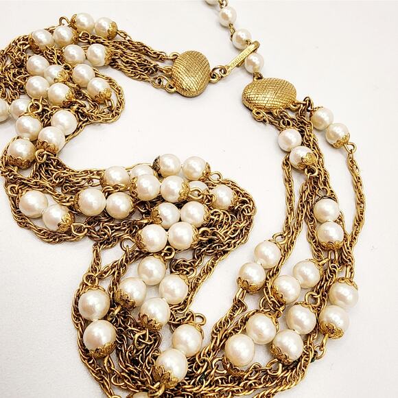 Kramer 6-Strand Gold-Tone Faux Pearl Necklace • Adjustable 14–16" Choker - Picture 2 of 8